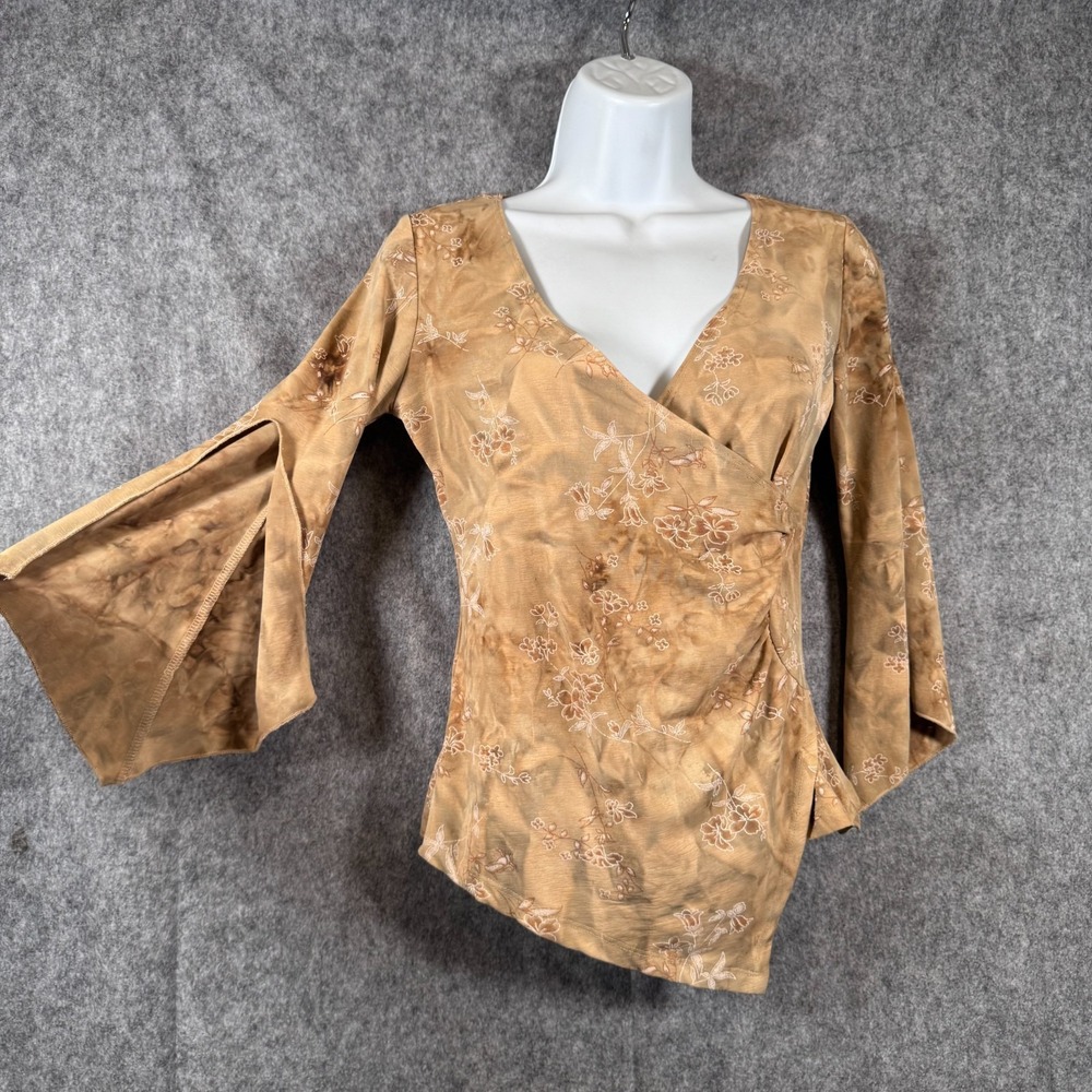 Vtg Rave Y2K Wrap Top Sz Small Flare Sleeve Fairy Festival Boho Whimsigoth Beige